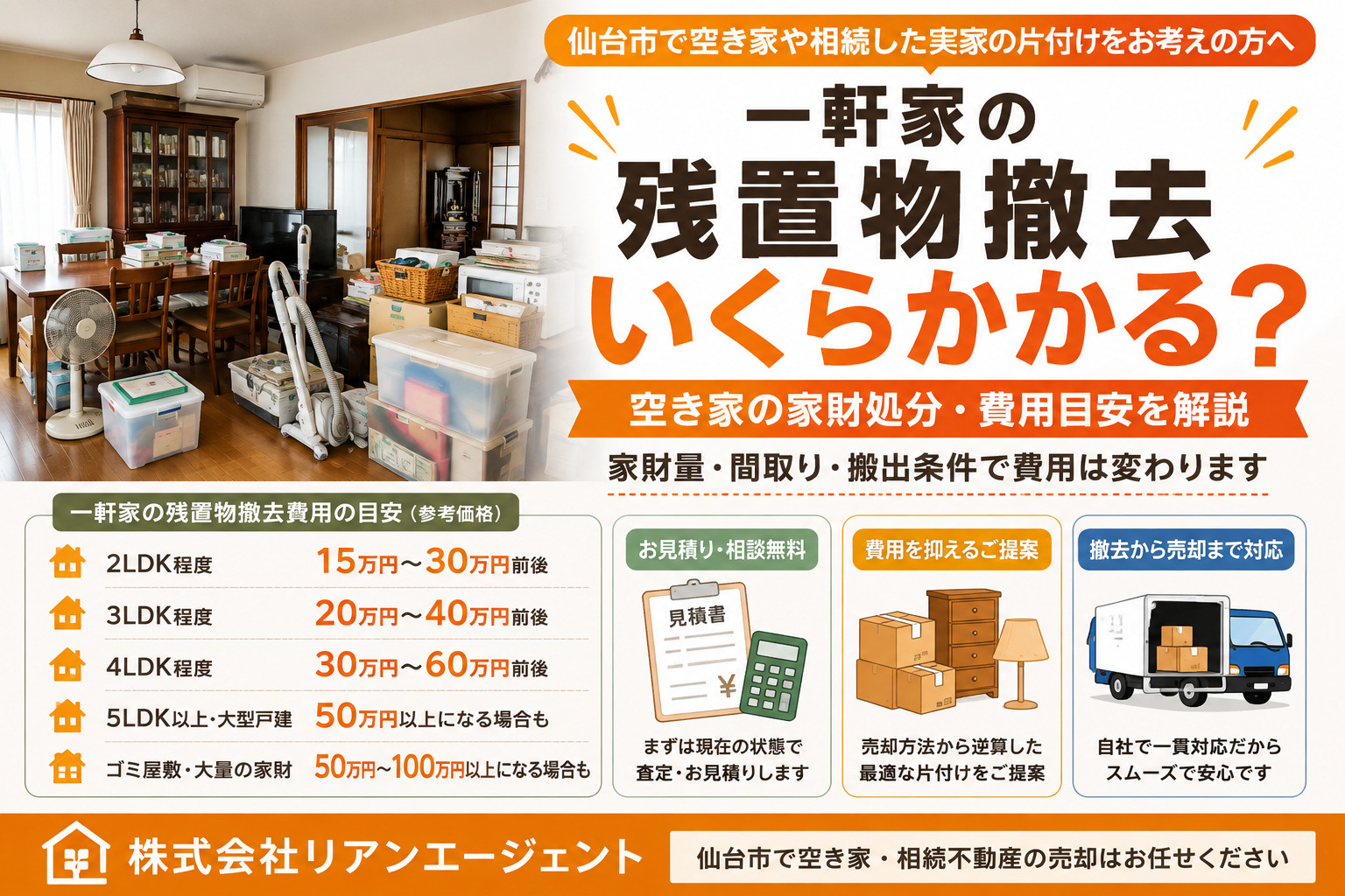 仙台市で空き家の家財処分にかかる費用はいくら?一軒家の残置物撤去費用を解説の画像