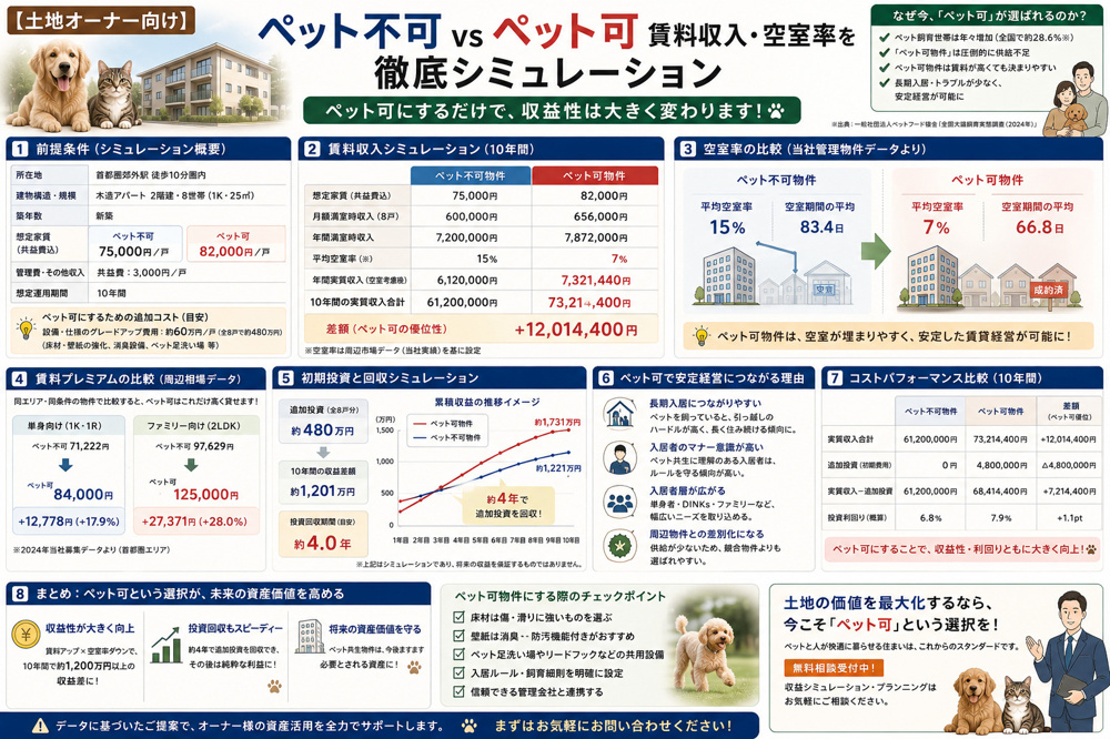 【土地オーナー向け】ペット不可 vs ペット可、賃料収入・空室率を徹底シミュレーションの画像
