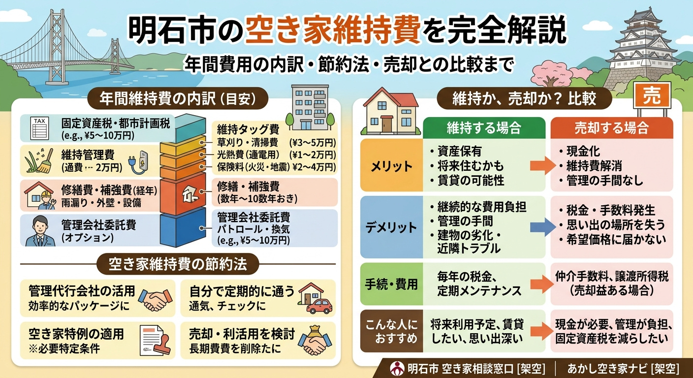 「明石市の空き家、持ち続けるといくらかかる？」維持費の内訳・節約法・売却との比較を解説の画像