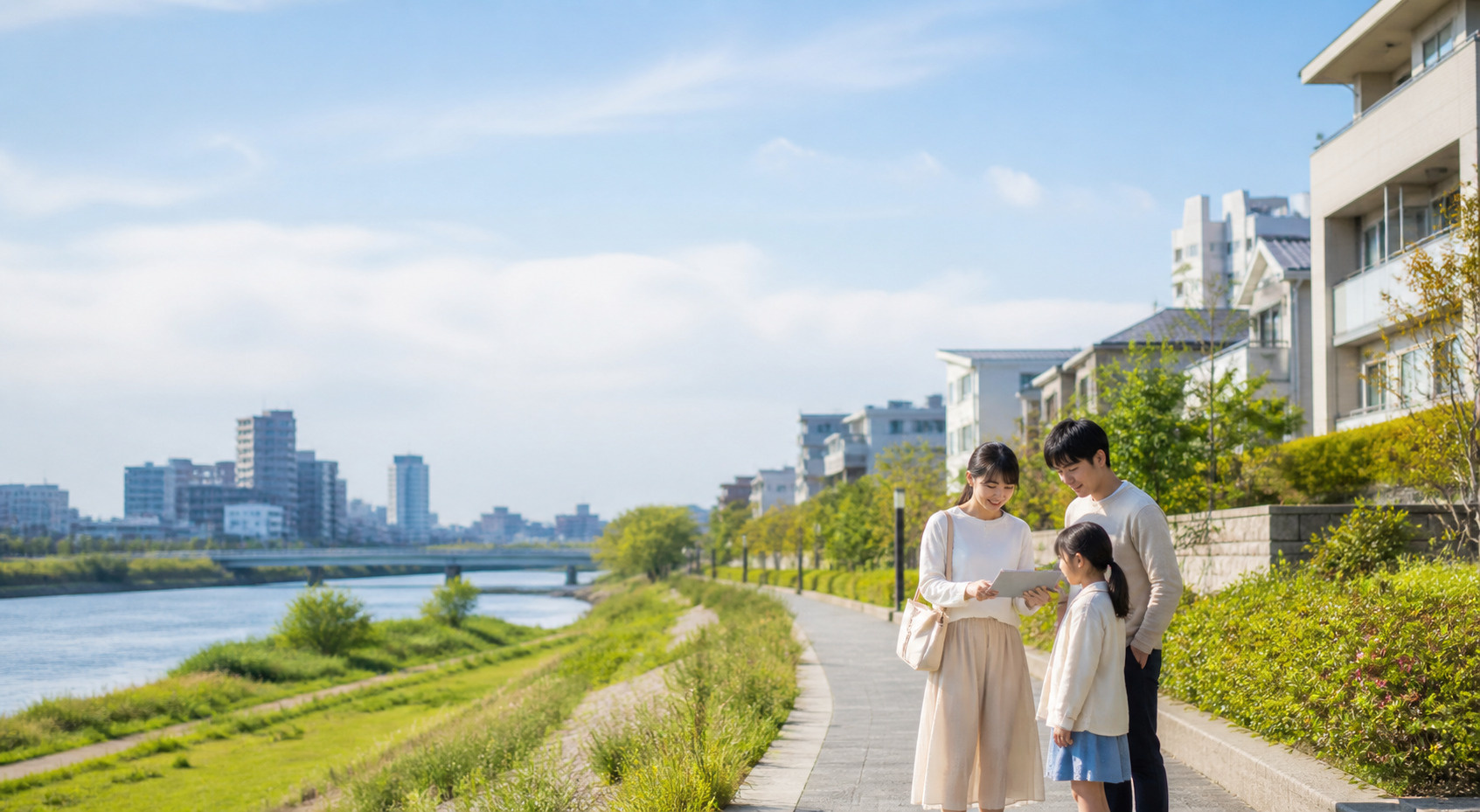 二子玉川で住宅購入を検討する家族が多摩川沿いで物件資料を確認している様子