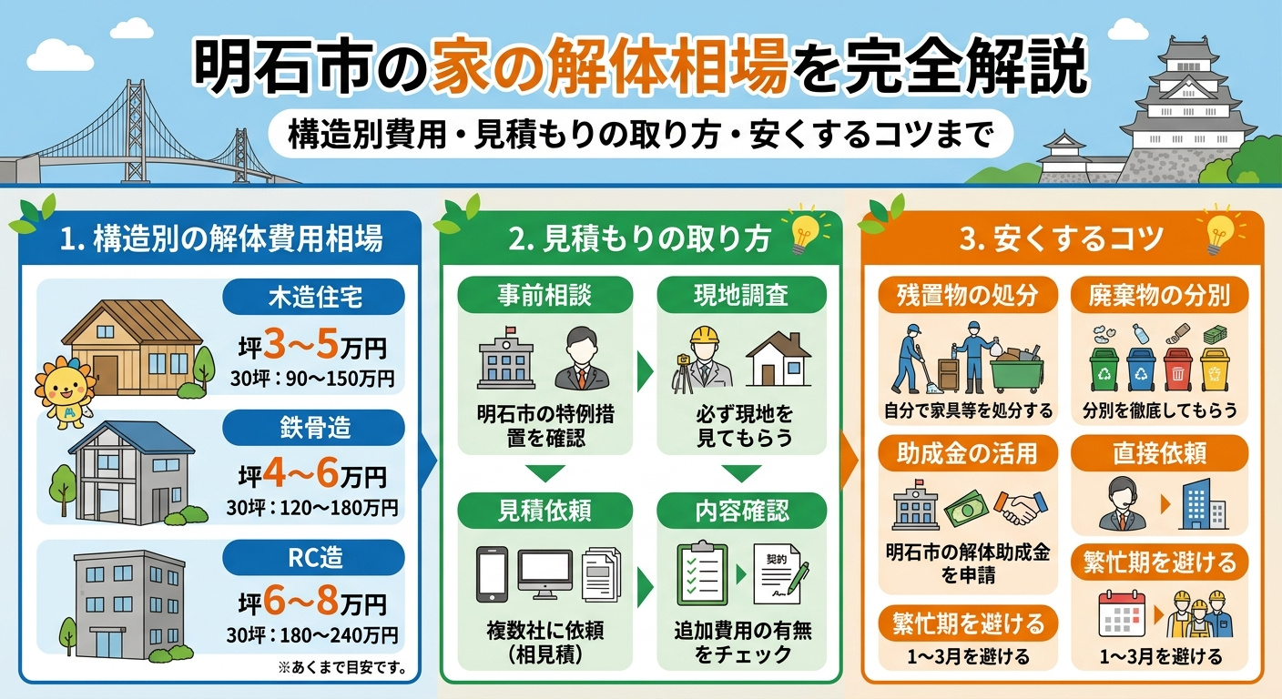 【明石市】家の解体相場はいくら?木造・鉄骨・RC造の費用目安・見積もりの取り方を徹底解説の画像
