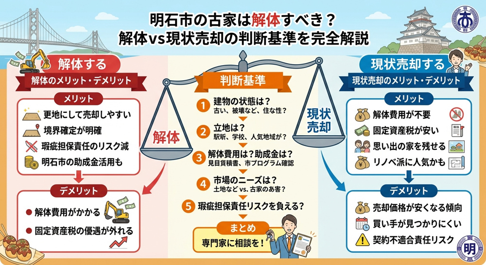 明石市の古家、解体すべきか迷っている」解体vs現状売却の判断基準をプロが完全解説の画像