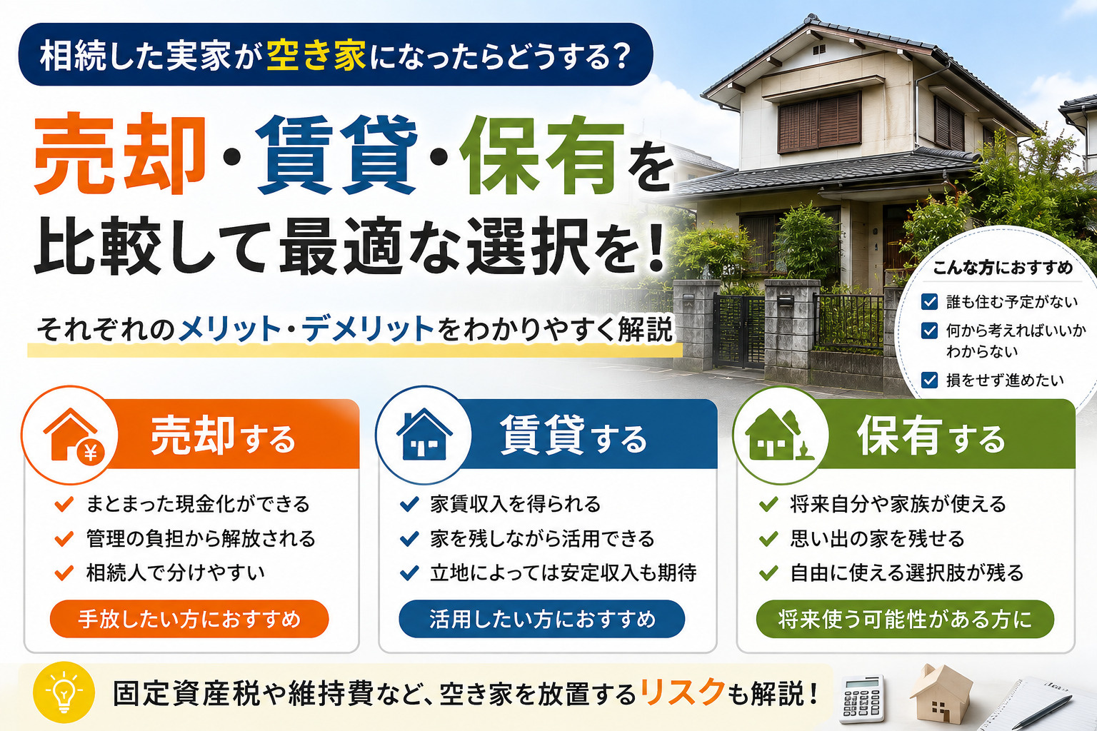 相続した実家が空き家になったらどうする?売却・賃貸・保有を比較の画像