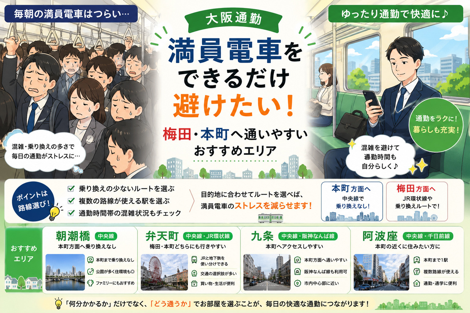 【大阪通勤】満員電車をできるだけ避けたい! 梅田・本町へ通いやすいおすすめエリアの画像