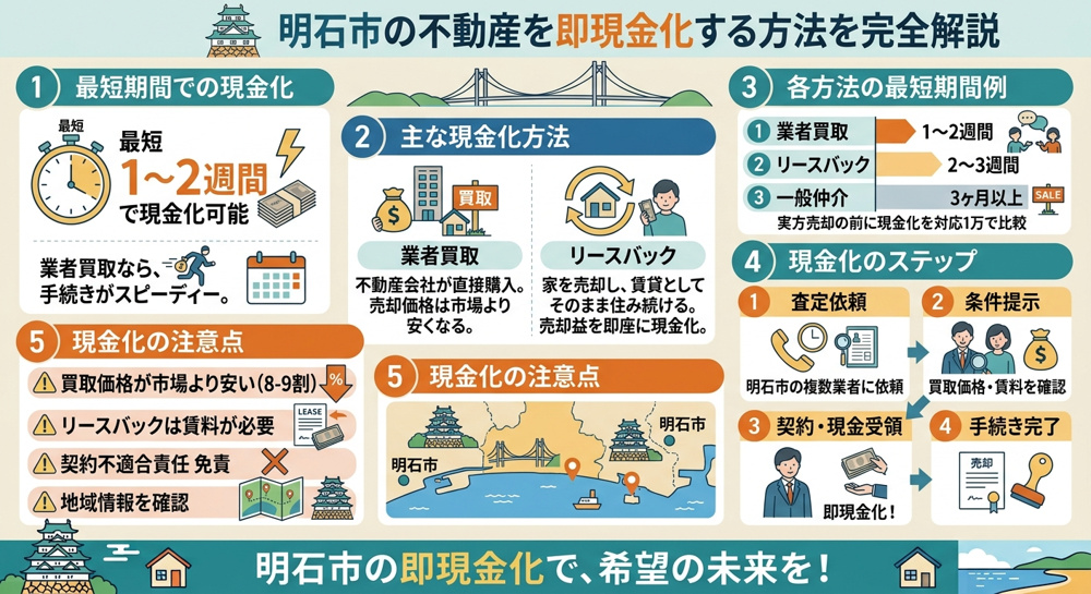 明石市の不動産を即現金化する方法を完全解説 最短期間・買取・リースバック・注意点までの画像
