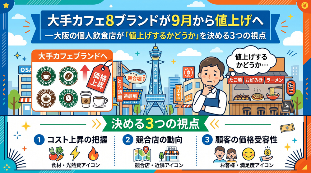大手カフェ8ブランド値上げ、大阪飲食店の値上げ判断3視点の画像