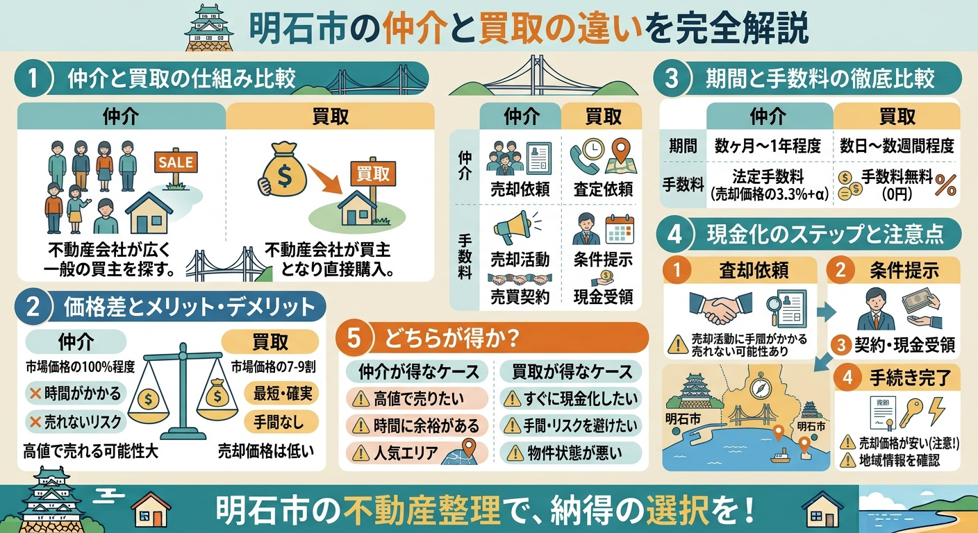 明石市の仲介と買取の違い完全ガイド2025｜10項目比較・手取りシミュレーション・選び方までの画像