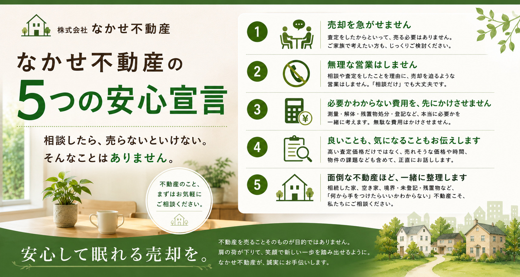 「相談したら売らないといけない？」そんな不安をなくしたい。なかせ不動産の5つの安心宣言の画像