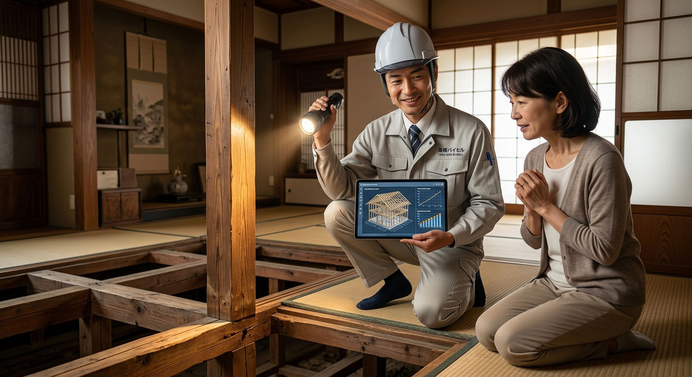 高翔バイセルの建築士が、床下の状況や柱の劣化具合をプロの目でインスペクション（建物状況調査）し、お客様に「この骨組みならリフォームで十分に蘇ります」と説明している様子