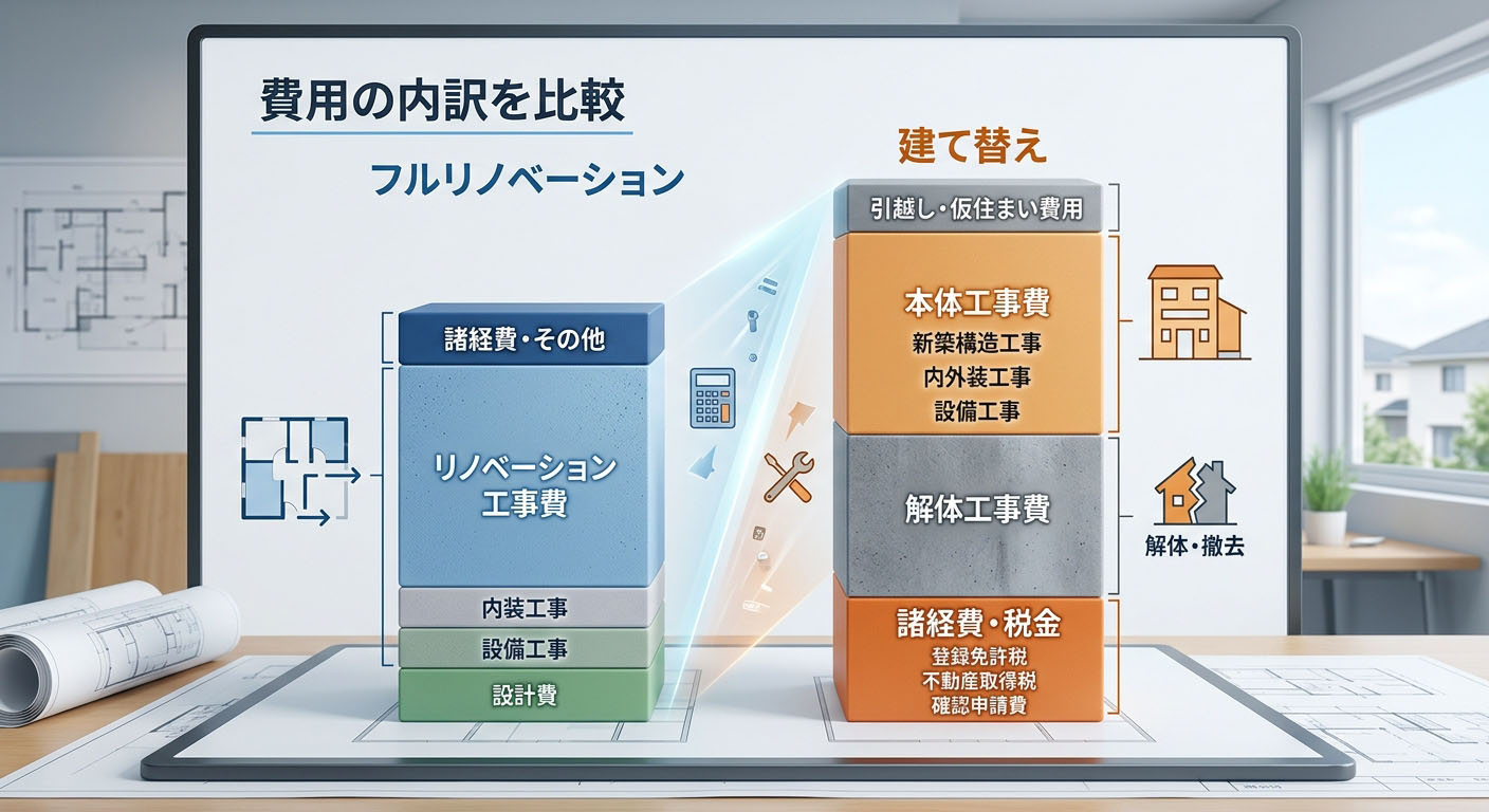「フルリノベーション」と「建て替え」の費用の内訳（解体費、本体工事費、諸経費）を比較したグラフのインフォグラフィック。建て替えは解体費や税金が余分にかかることを視覚的に示している