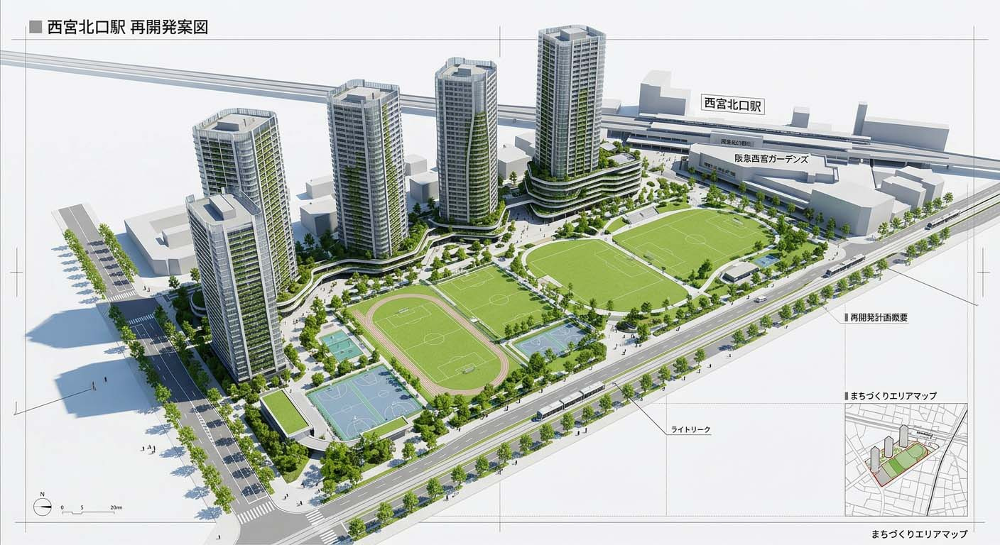 西宮北口周辺の再開発・まちづくりエリアのイメージ
