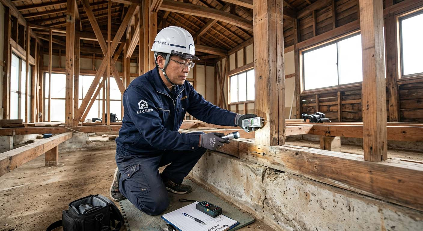既存住宅の基礎や柱の耐久性を現地で点検する建築専門スタッフ