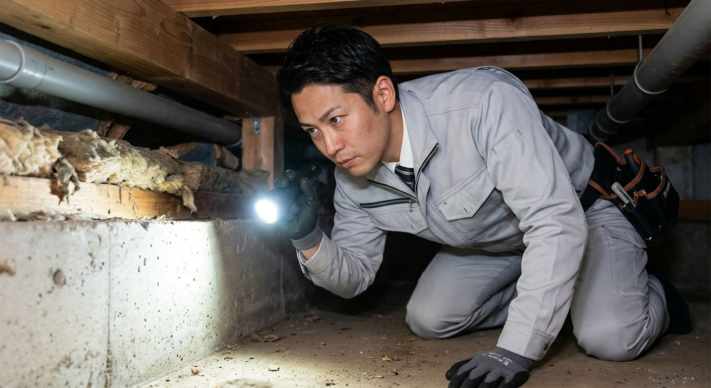 中古戸建ての床下や構造の状態を調査する高翔バイセルの専門スタッフ