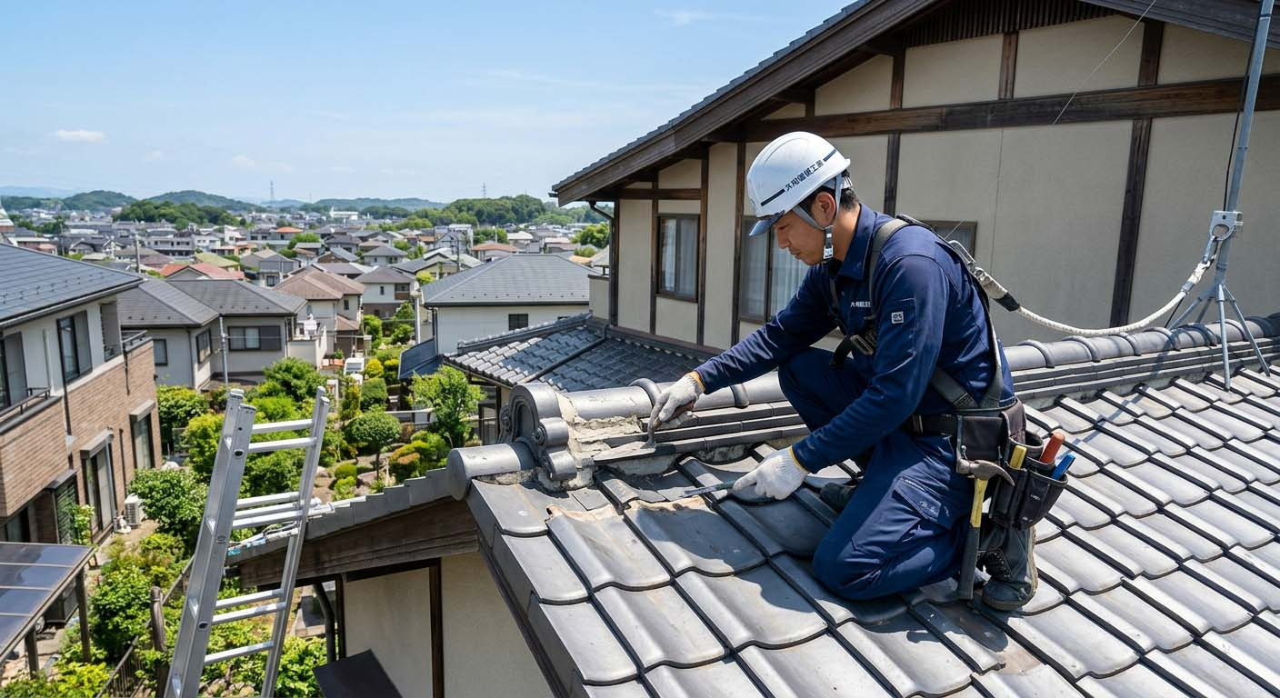 屋根の劣化箇所を点検・補修するプロの建築スタッフ