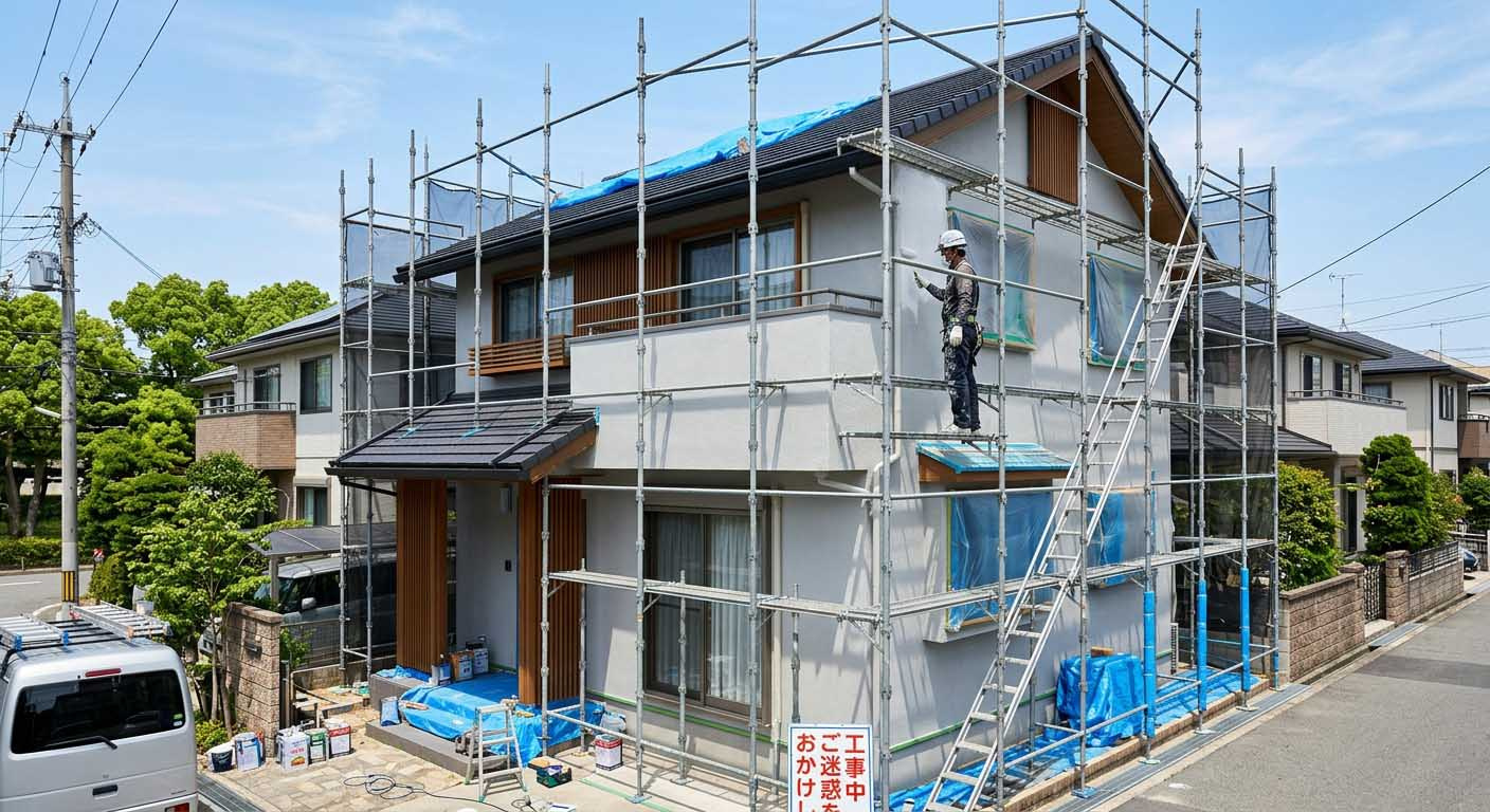 足場を組み外壁塗装工事を丁寧に実施している西宮市の戸建て住宅
