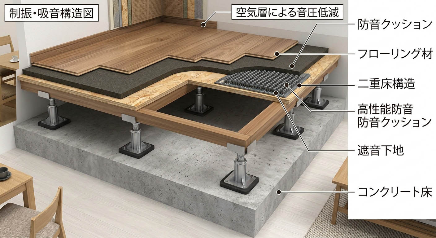 防音クッションがついたフローリング材と二重床構造の仕組み