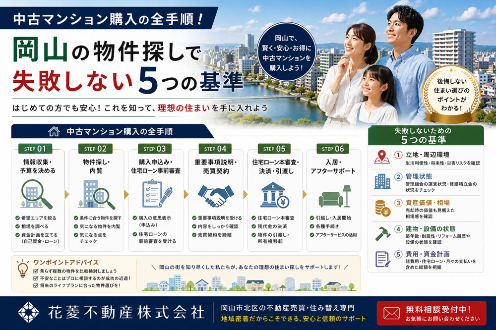 中古マンション購入の全手順！岡山の物件探しで失敗しない5つの基準																						中古マンション購入の全手順！岡山の物件探しで失敗しない5つの基準																												の画像