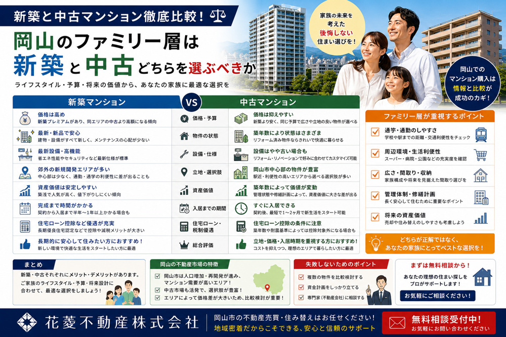 新築と中古マンション徹底比較！岡山のファミリー層はどちらを選ぶべきかの画像