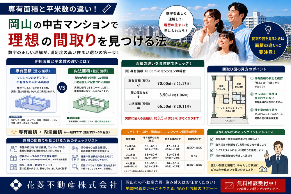 専有面積と平米数の違い！岡山の中古マンションで理想の間取りを見つける法の画像