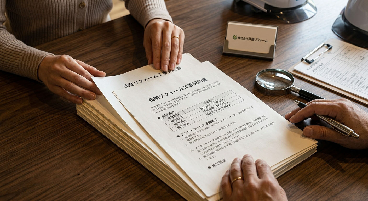 リフォーム契約書や保証書の記載内容を確認している様子