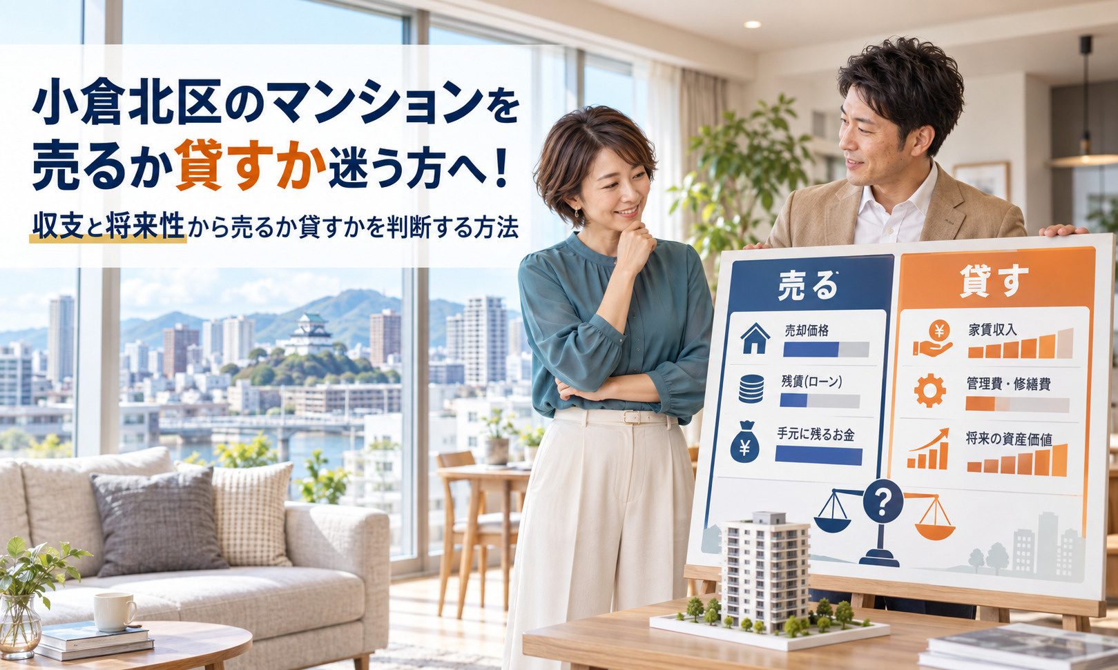 小倉北区のマンションを売るか貸すか迷う方へ!収支と将来性から売るか貸すかを判断する方法の画像
