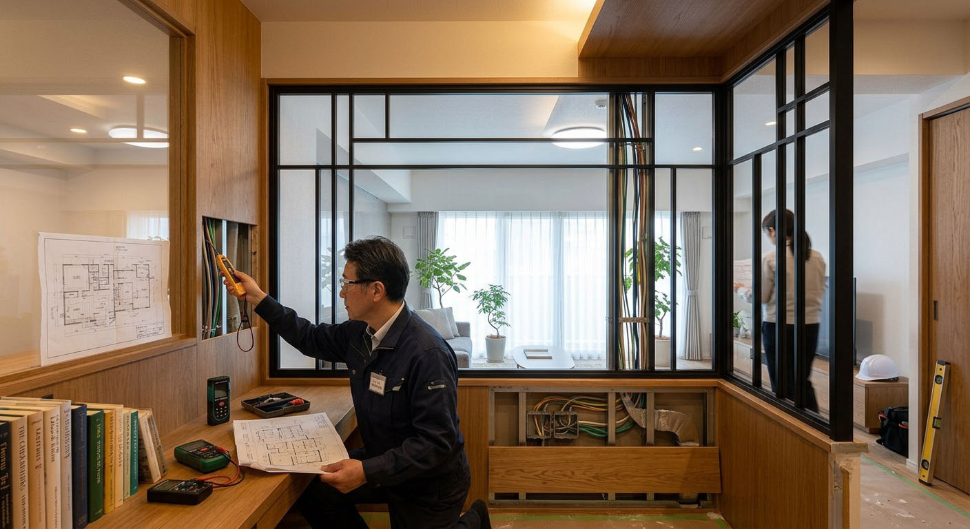 マンション内覧時に壁構造や電気配線・空調ルートを現地確認する建築プロ