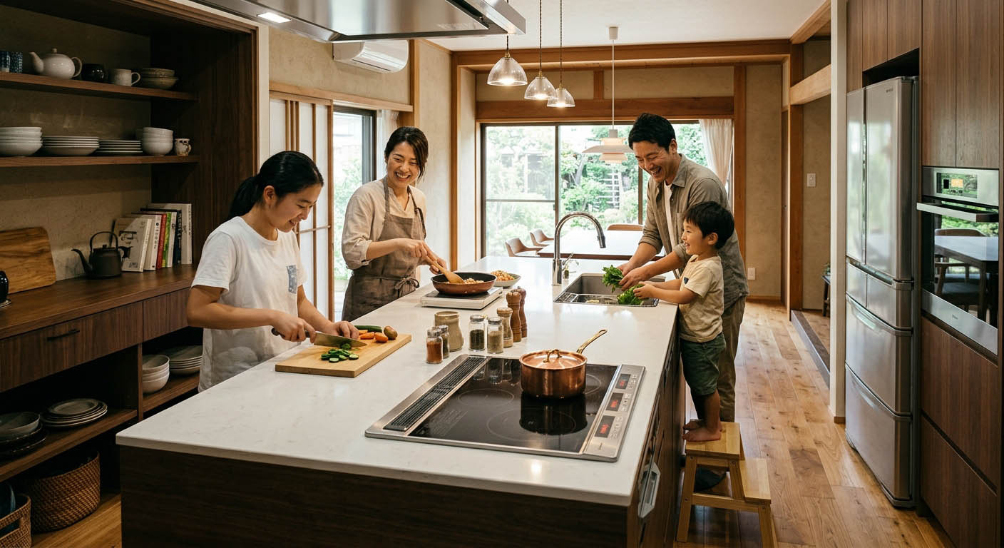 左右から回遊でき家族で一緒に料理を楽しめるスタイリッシュなアイランドキッチン
