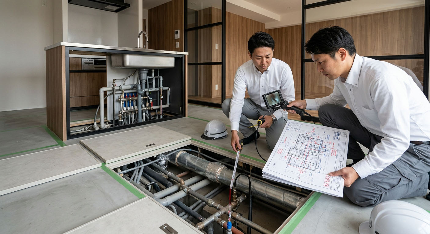 中古マンション内覧時に床下の排水管勾配や換気ダクトルートを建築プロが点検する様子