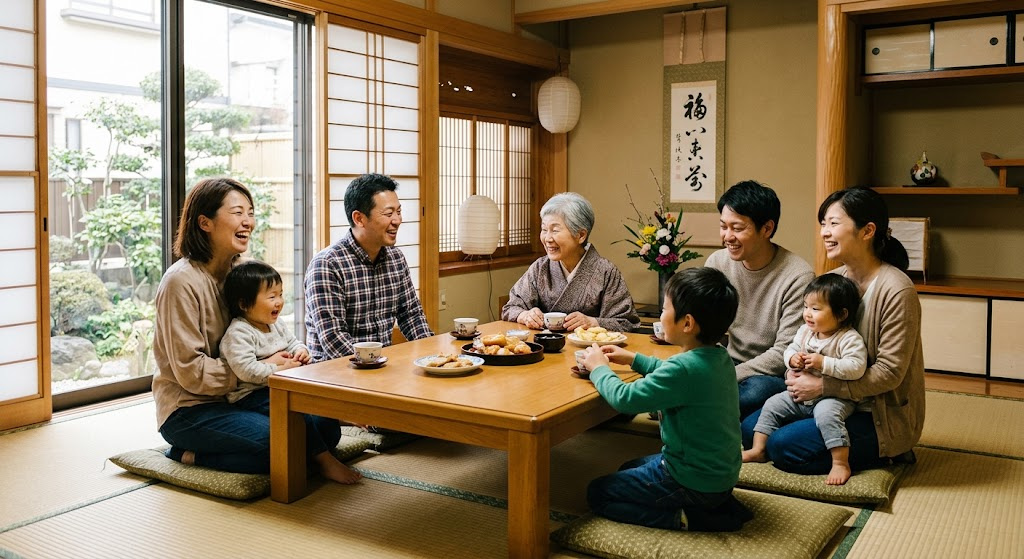 和室で楽しそうに団らんする家族