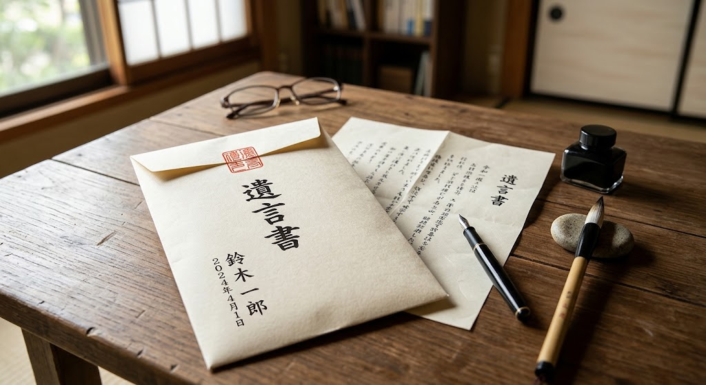 木製テーブルに置かれた封緘された遺言書と筆記具