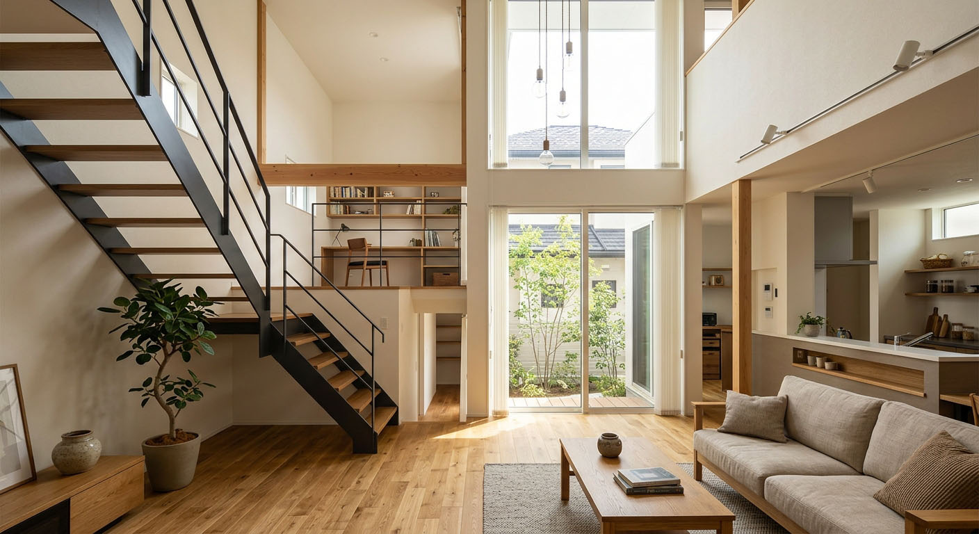 20坪の住宅地でも吹き抜けとスキップフロアで開放感あふれる西宮のLDK