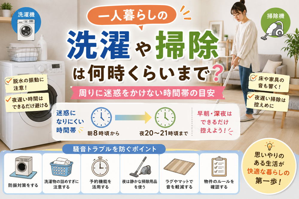 一人暮らしの洗濯・掃除は何時まで？｜賃貸で迷惑になりにくい時間帯の目安の画像
