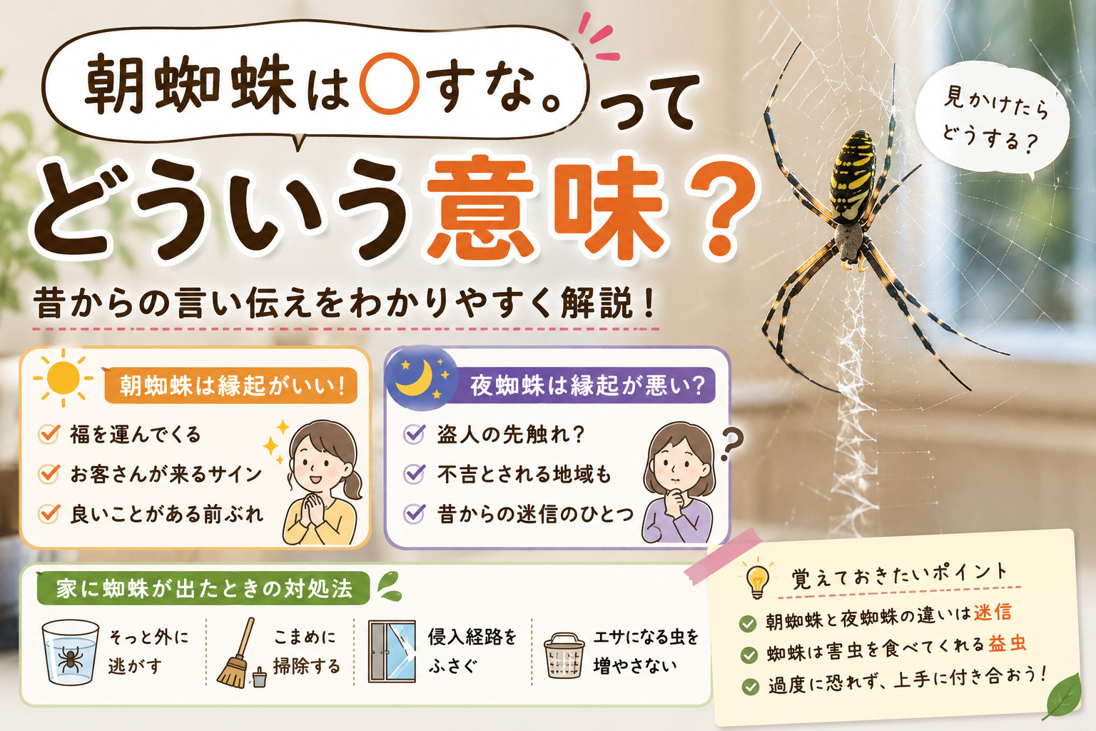 「朝蜘蛛は殺すな」ってどういう意味?|昔からの言い伝えと家に蜘蛛が出たときの対処法の画像