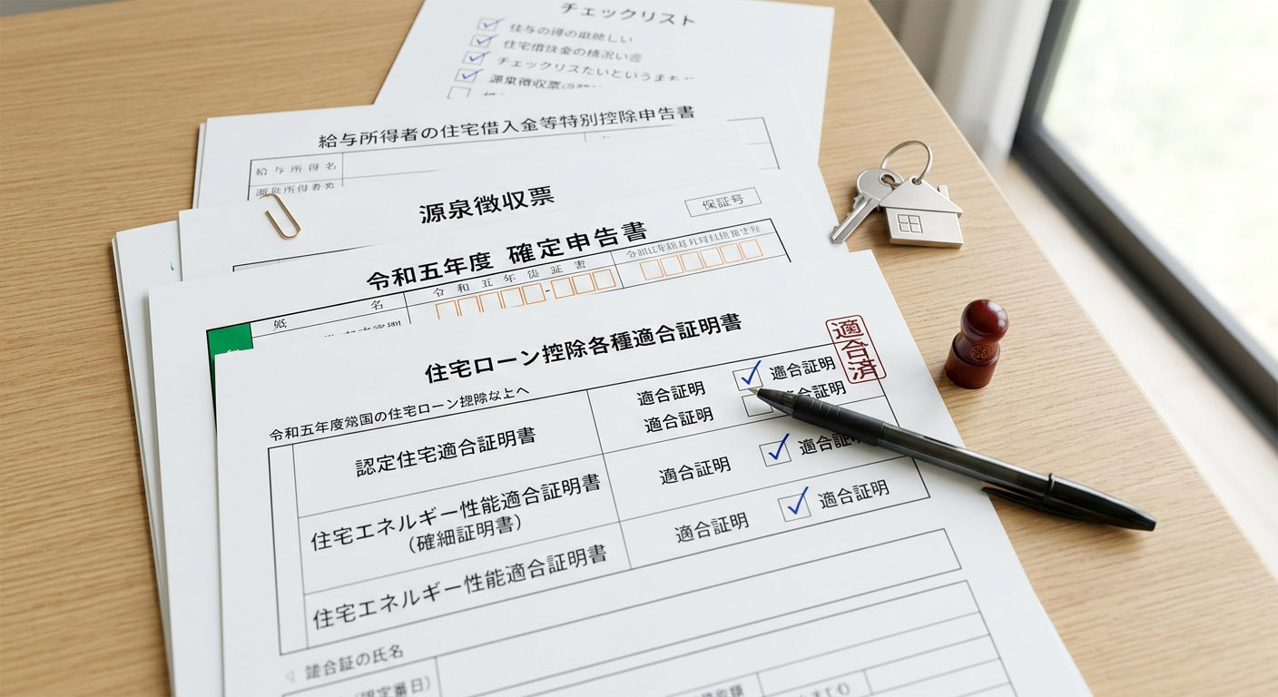 住宅ローン控除に必要な確定申告書や各種適合証明書のチェックイメージ