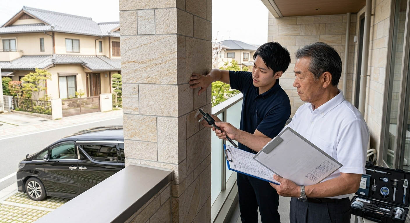 収益物件の構造や外壁の状態を現場で精密にチェックする専門スタッフ