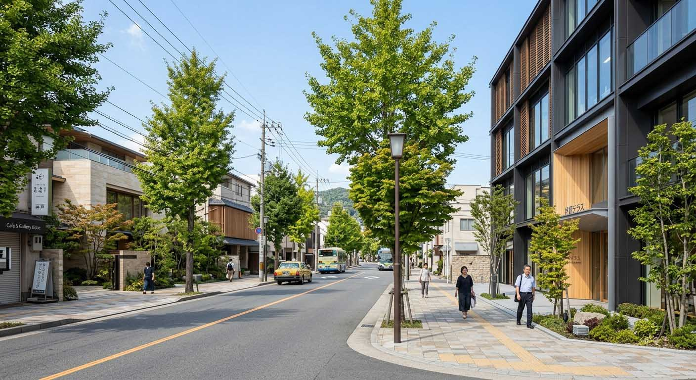 緑豊かで洗練された芦屋市内の主要幹線道路沿いの街並み