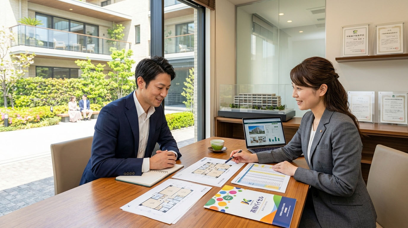 サラリーマン投資家が高翔バイセルの専門スタッフと打ち合わせ・相談している様子