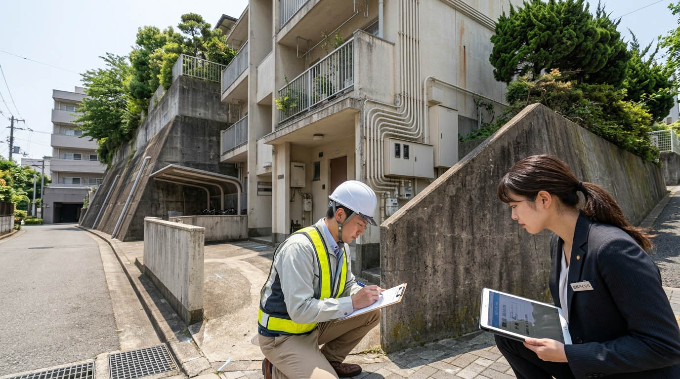 高翔バイセルの専門スタッフが建物の擁壁や構造、配管の状態をチェックしている内覧現場
