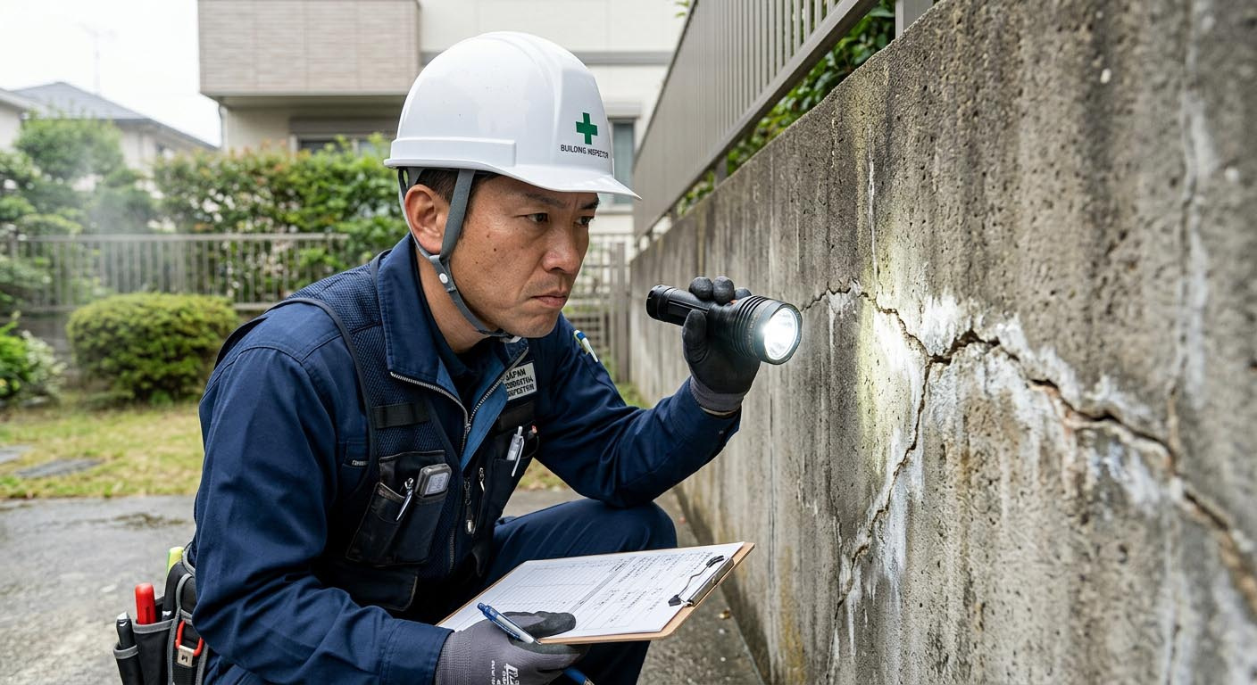 建物の擁壁や基礎部分のクラックを厳しくチェックする建築士
