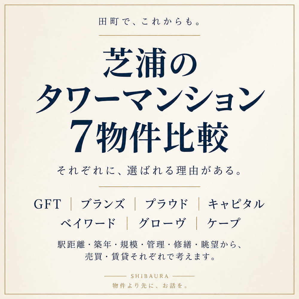 「芝浦のタワーマンション7物件比較｜GFT・ブランズ・プラウド・キャピタル・ベイワード・グローヴ・ケープ」の画像