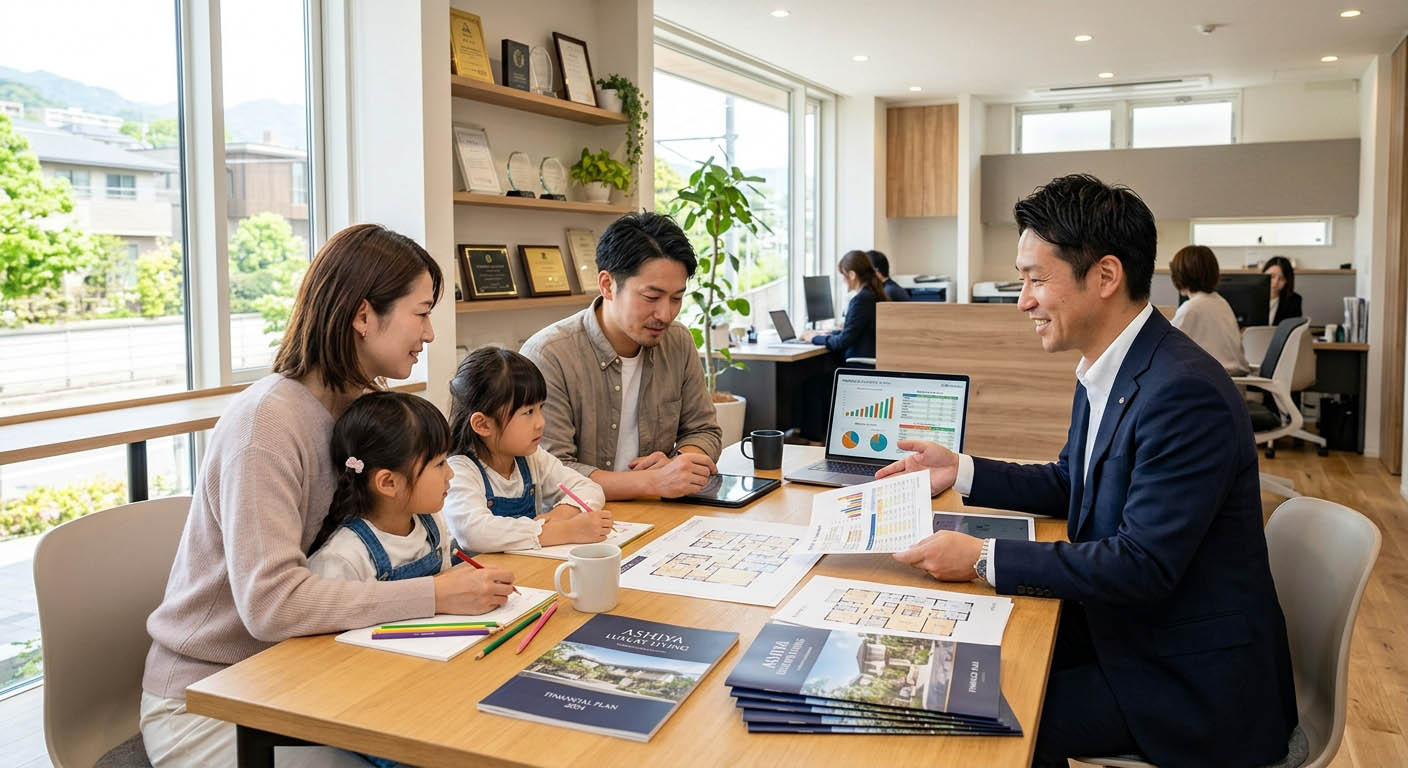 不動産の資金計画シミュレーションや図面を見ながら検討する家族と専門スタッフ