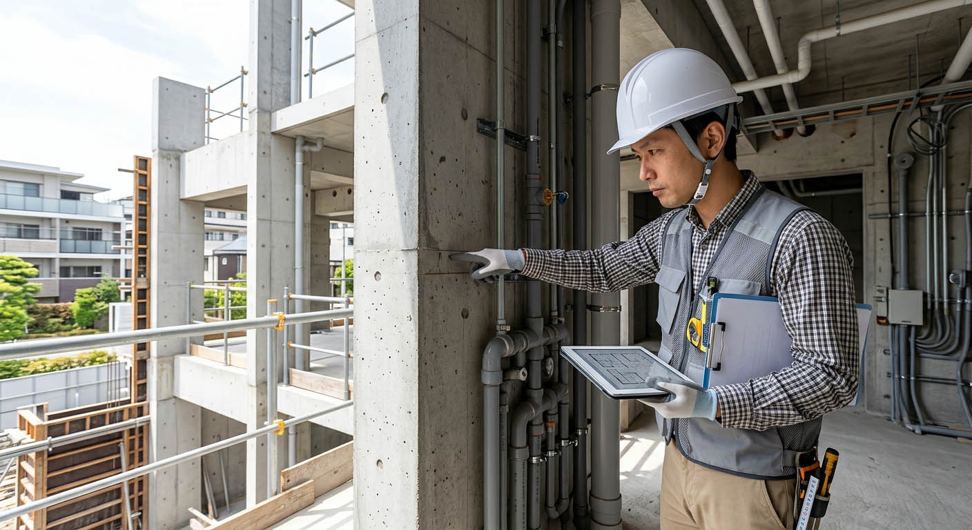 建築士資格を持つスタッフがRC造・収益アパートの構造や配管状態を現地チェックしている様子
