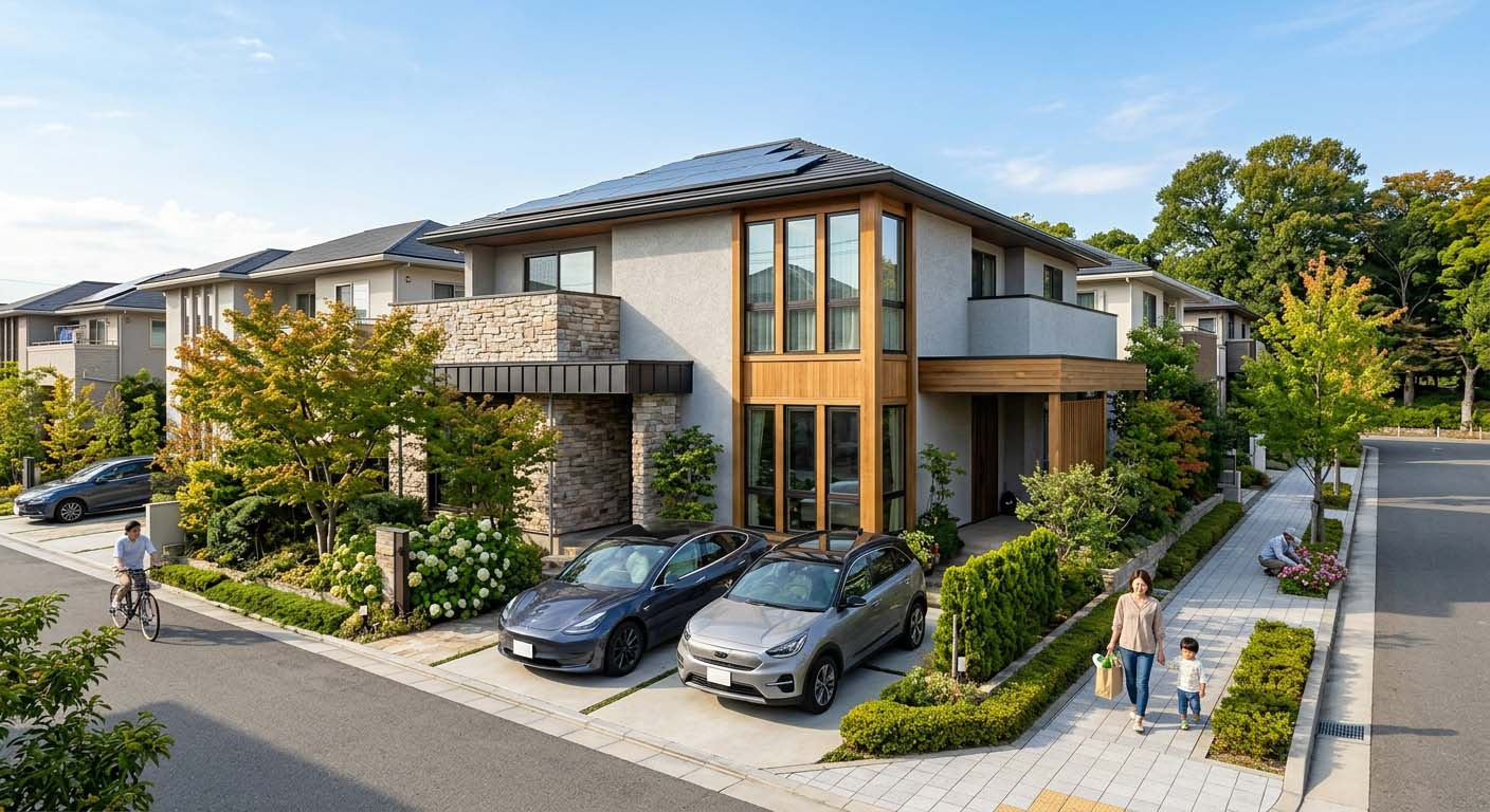 西宮市内の生活環境の整った魅力的な住宅街とマイホームの外観