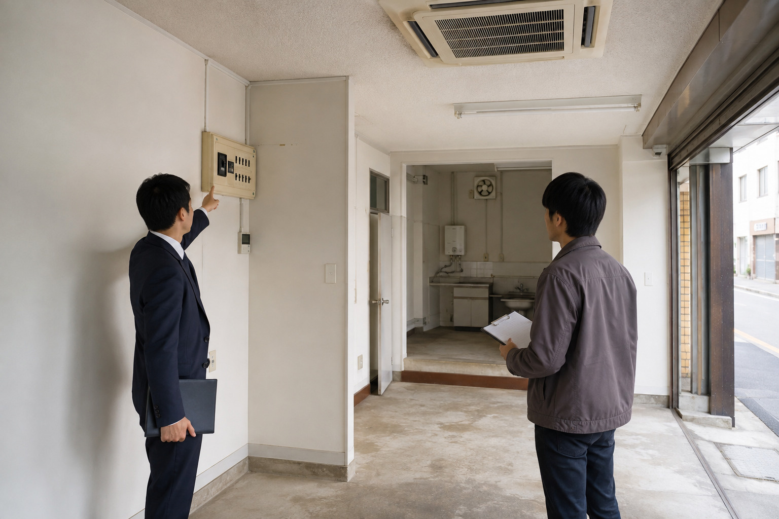 テナント内見で電気設備や給排水、空調を確認するイメージ
