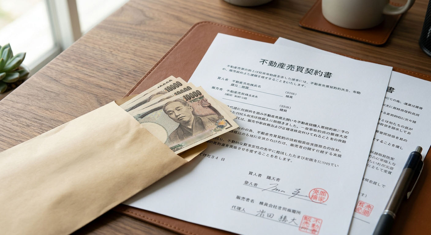 売買契約時に授受される手付金と契約書類のイメージ