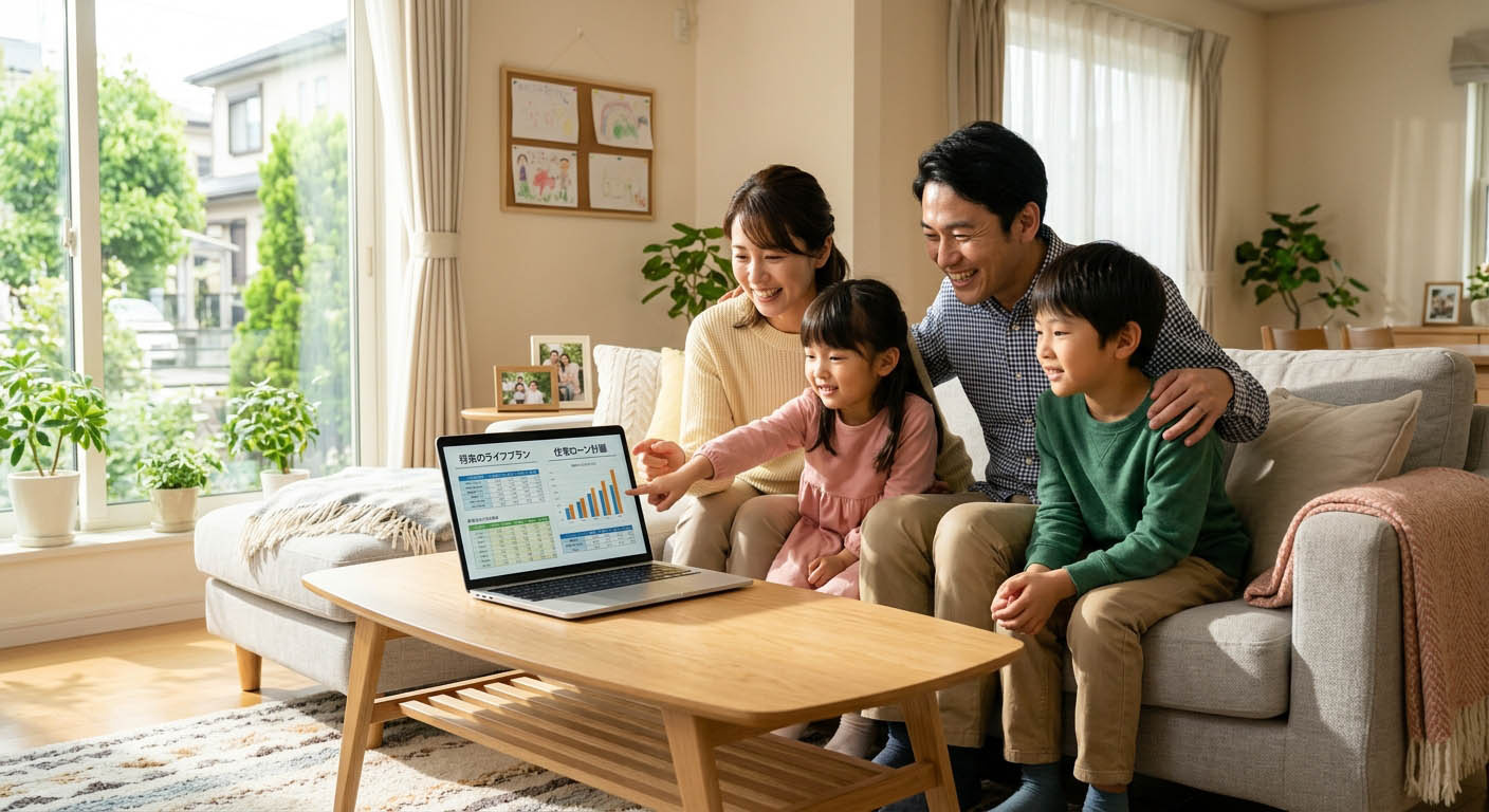 明るいリビングで将来のライフプランや住宅ローン計画を話し合う子育てファミリー