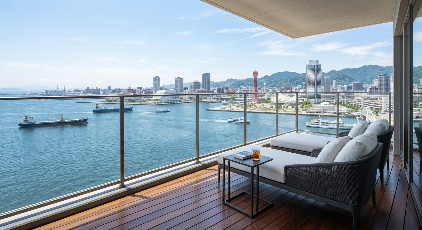 神戸港の美しさを一望する洗練されたマンションバルコニーからの眺望