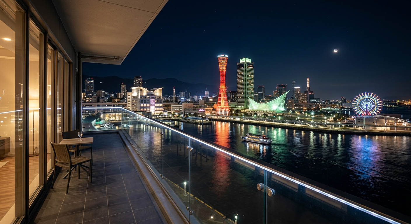 神戸ポートタワーと神戸港の煌びやかな夜景を臨むマンションからの風景