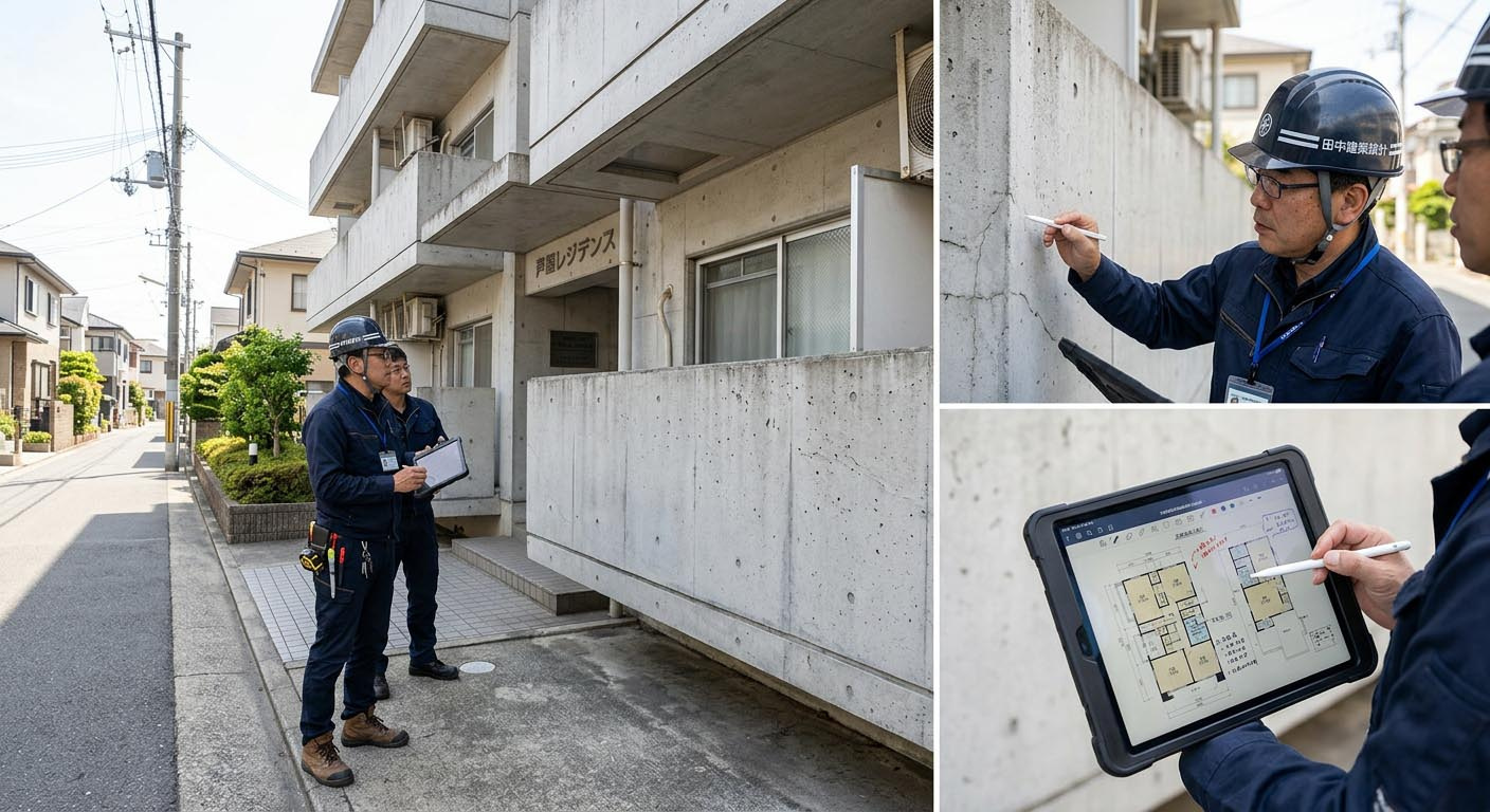 芦屋の中古収収益物件を建築士目線で現地調査する様子
