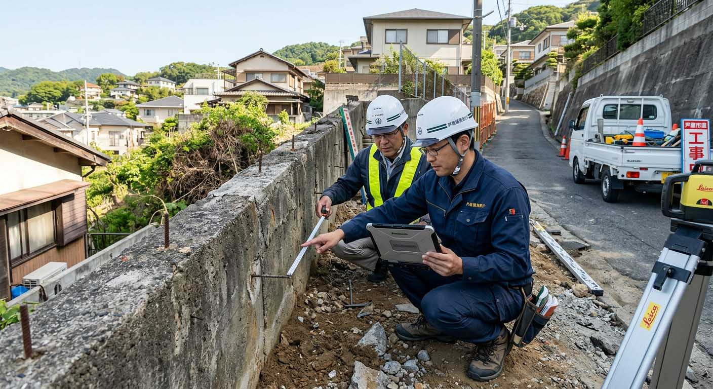芦屋の現地で敷地や擁壁、道路状況を確認する建築専門スタッフ